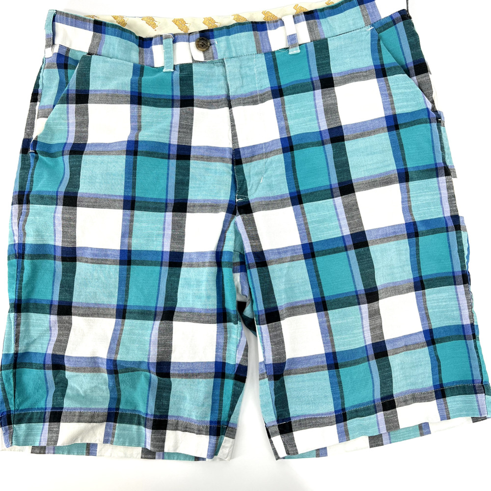 Loudmouth Golf Flat Front Bermuda Shorts Plaid Blue White Size 38